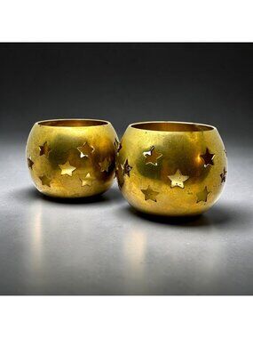 Guild House Star-Cutout Brass Tealight Holders 2 Rustic Finish 2.5" Tall 3" Wide